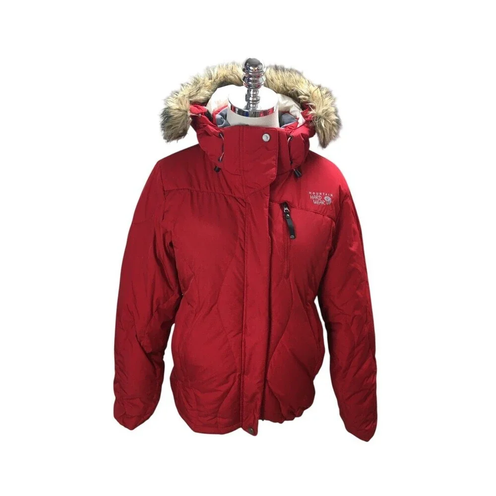 Mountain Hard Wear Winter Down Coat Women's Size Small Red Hooded Faux Fur